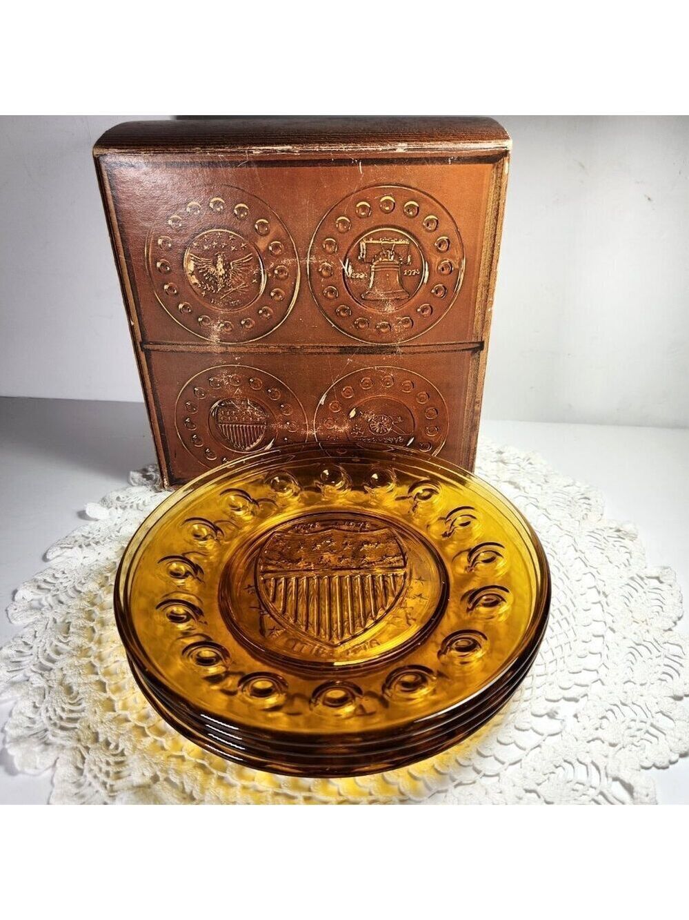 American Bicentennial Amber 8" Salad Plates with Original Box Anchor Hocking